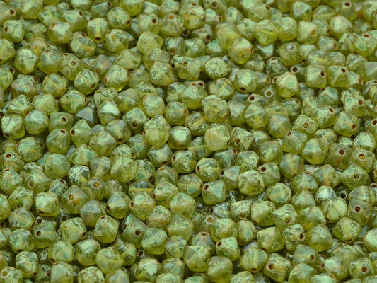 Bicone Beads, Transparent Green Travertin (50220-86800), Glass, Czech Republic