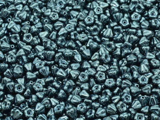 Bell Flower Beads, Black Hematite (23980-14400), Glass, Czech Republic