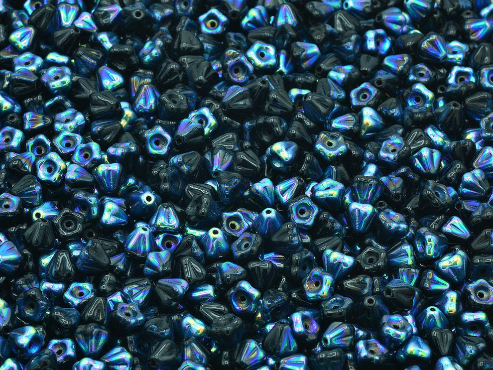 OUTLET 10 grams Bell Flower Beads, Black Ab (23980-28701), Glass, Czech Republic