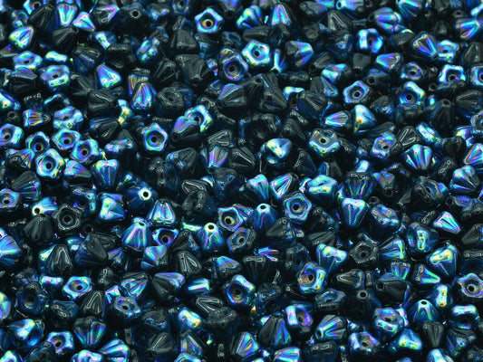 OUTLET 10 grams Bell Flower Beads, Black Ab (23980-28701), Glass, Czech Republic