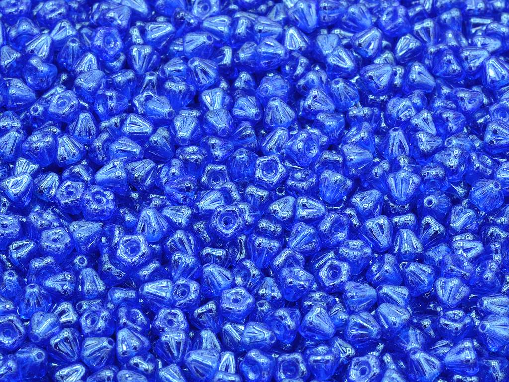 Bell Flower Beads, Transparent Blue Hematite (30060-14400), Glass, Czech Republic