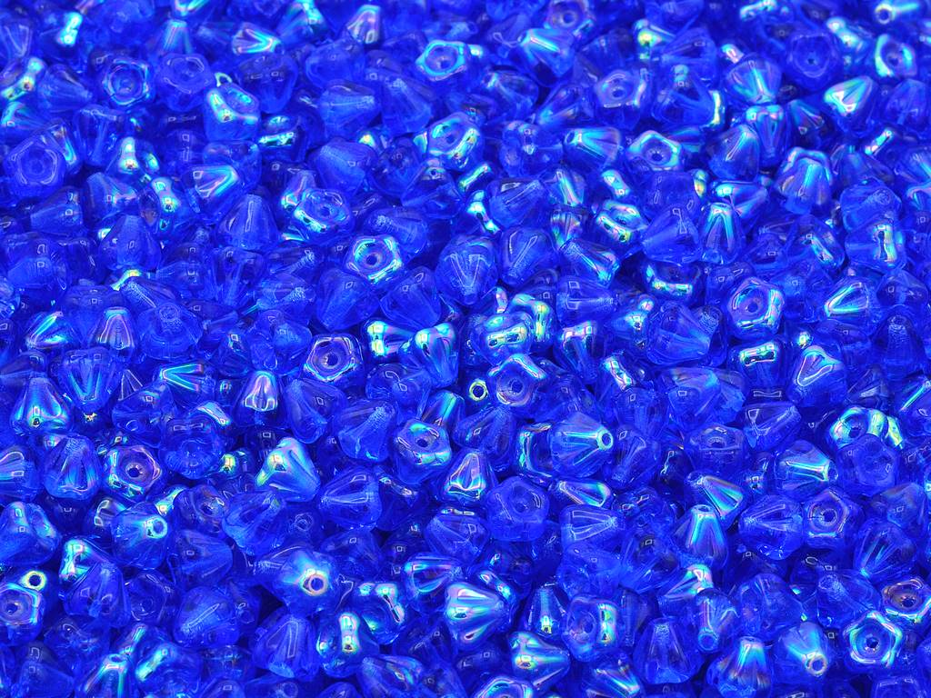 Bell Flower Beads, Transparent Blue Ab (30060-28701), Glass, Czech Republic