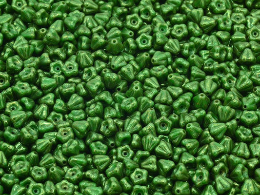 Bell Flower Beads, Opaque Green Terracotta Red (53320-15495), Glass, Czech Republic