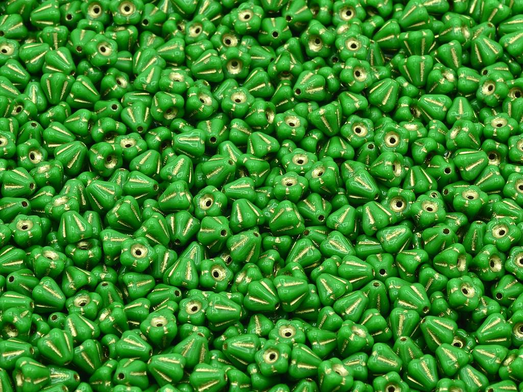 ベルフラワービーズ、不透明グリーンゴールドライン（53320-54202）、ガラス、チェコ共和国