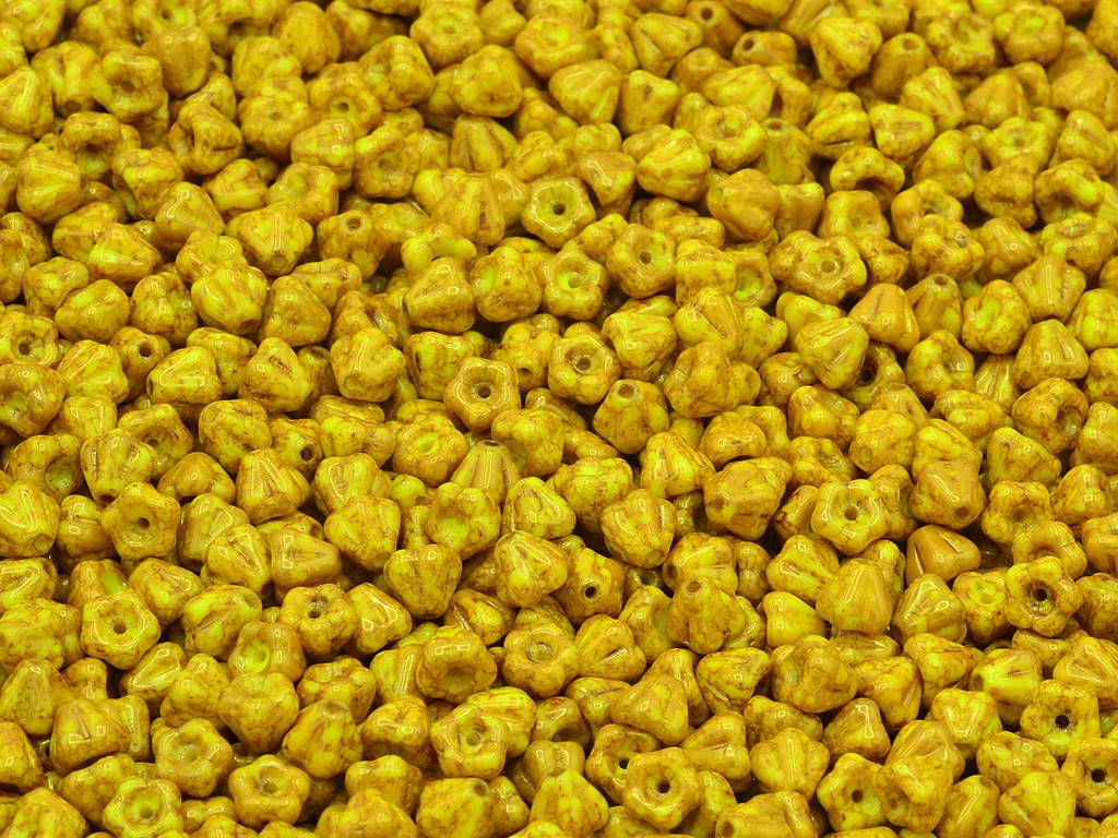 Bell Flower Beads, Yellow Terracotta Red (83120-15495), Glass, Czech Republic