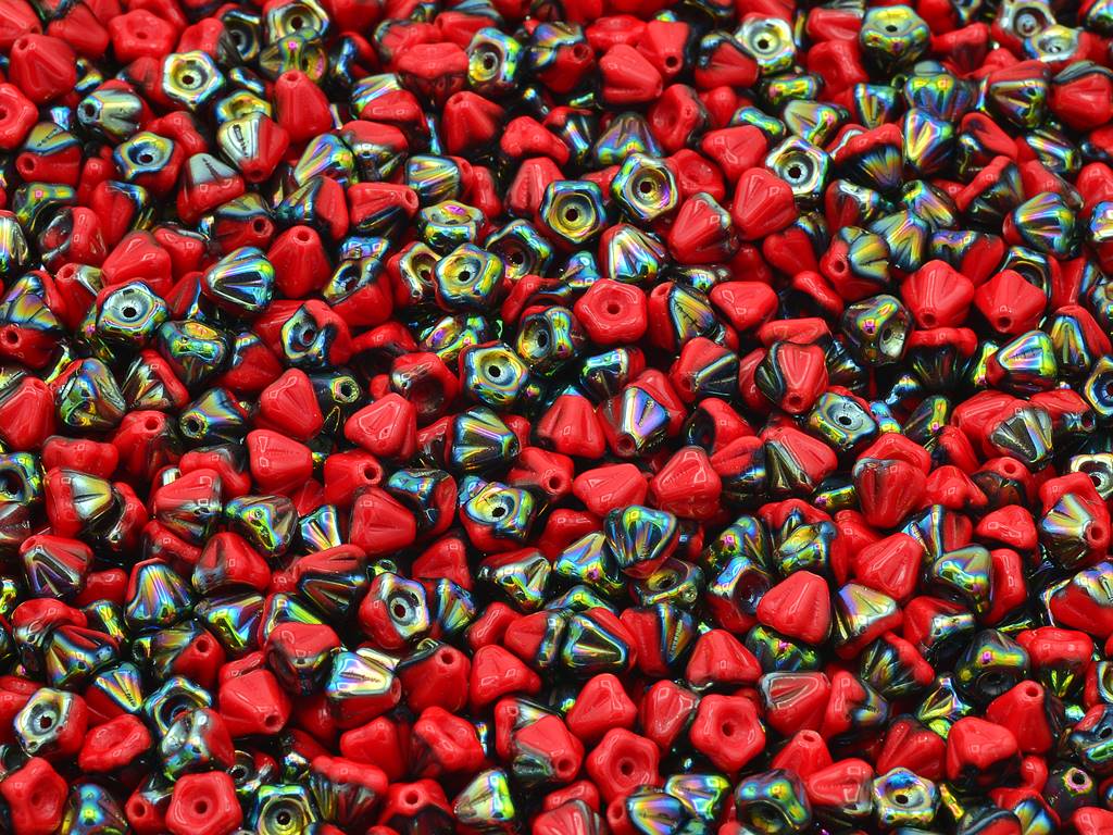 Bell Flower Beads, Opaque Red Crystal Vitrail Medium Coating (93200-28101), Glass, Czech Republic