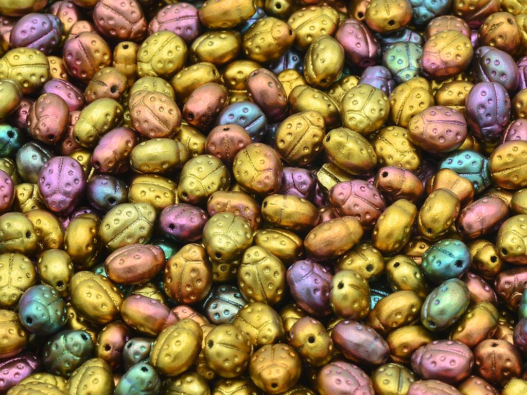 てんとう虫の昆虫型プレスビーズ、バイオレットレインボーメタリックアイリス（01640）、ガラス、チェコ共和国