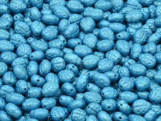 Ladybug Insect Pressed Beads, Chalk White Luster Blue Full Coated Blue Lined (03000-14464-54323), Glass, Czech Republic