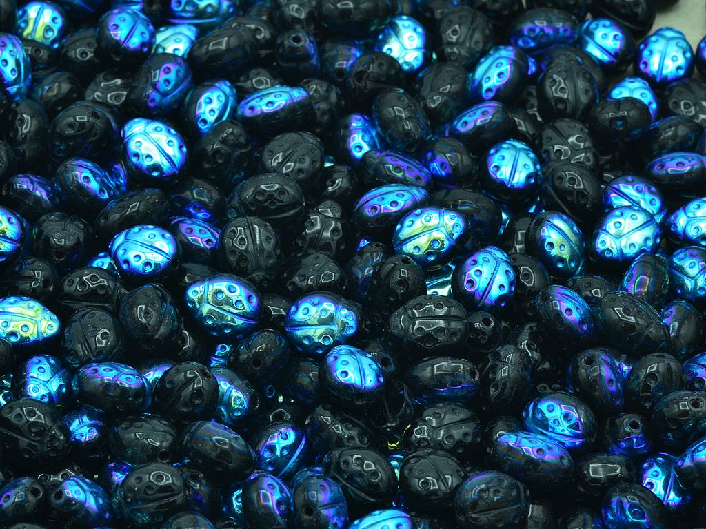 てんとう虫の昆虫型プレスビーズ、ブラックAB（23980-28701）、ガラス、チェコ共和国