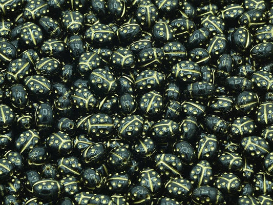 Ladybug Insect Pressed Beads, Black Gold Lined (23980-54202), Glass, Czech Republic