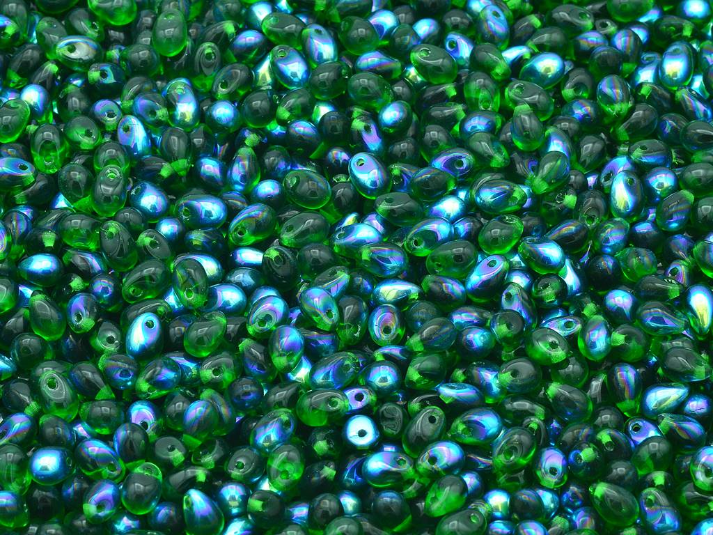 Drop Beads, Transparent Green Ab (50140-28701), Glass, Czech Republic