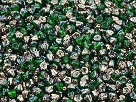 Bell Flower Beads, Emerald Green Rose Gold Capri (50120-27101), Glass, Czech Republic