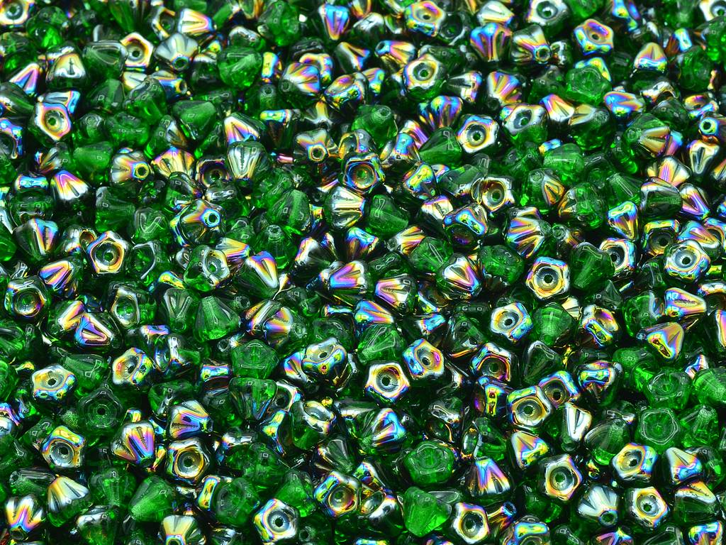 Bell Flower Beads, Emerald Green Crystal Vitrail Medium Coating (50120-28101), Glass, Czech Republic