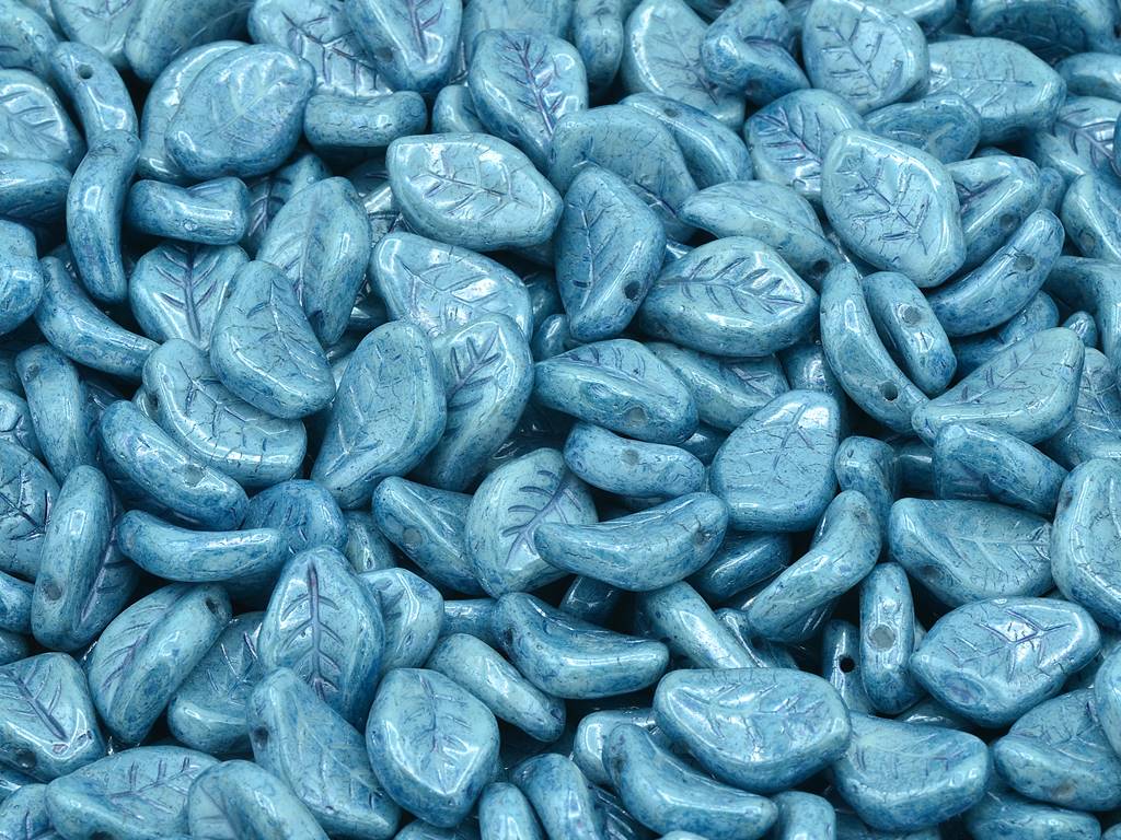 Wavy Leaf Beads, Chalk White Luster Blue Full Coated (03000-14464), Glass, Czech Republic