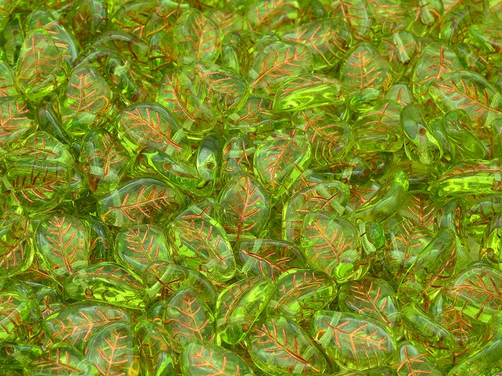 Wavy Leaf Beads, Transparent Green Copper Lined (50220-54307), Glass, Czech Republic