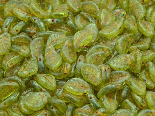 Wavy Leaf Beads, Transparent Green Travertin (50220-86800), Glass, Czech Republic