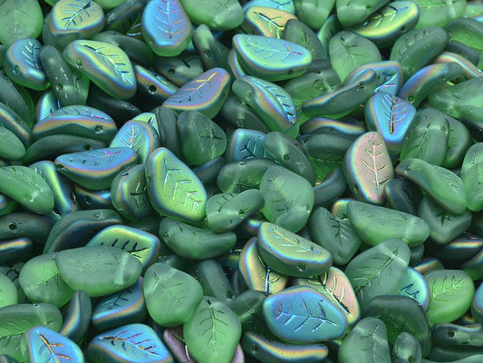 OUTLET 10 grams Wavy Leaf Beads, 9 x 14 mm, Transparent Green Matte Crystal Vitrail Medium Coating (50500-84110-28101), Glass, Czech Republic