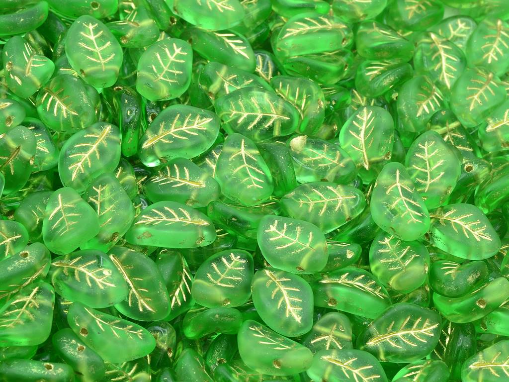 Wavy Leaf Beads, Transparent Green Matte Gold Lined (50500-84110-54202), Glass, Czech Republic