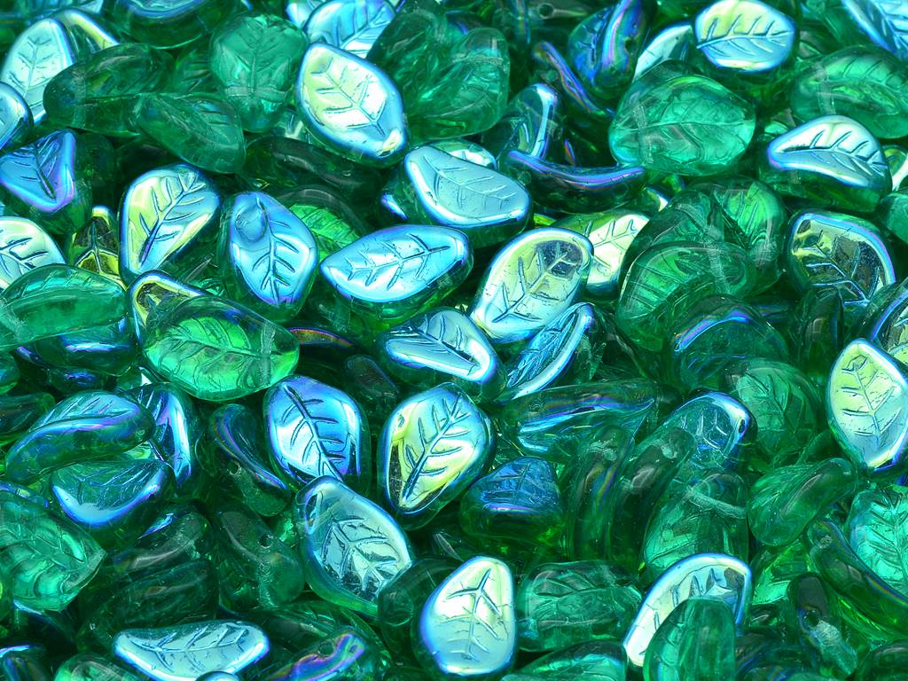 Wavy Leaf Beads, Transparent Green Emerald Ab (50720-28701), Glass, Czech Republic