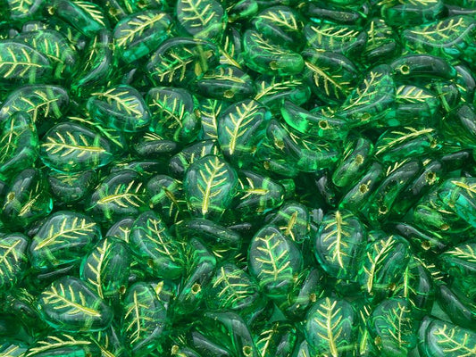 Wavy Leaf Beads, Transparent Green Emerald Gold Lined (50720-54202), Glass, Czech Republic