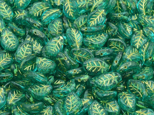 Wavy Leaf Beads, Transparent Aqua Gold Lined (60210-54202), Glass, Czech Republic