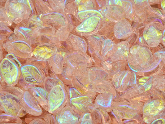 Wavy Leaf Beads, Transparent Pink Ab (70110-28701), Glass, Czech Republic