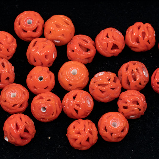 VINTAGE OUTLET 1 pc Lampwork LACE Handmade Round Beads, 9 x 9 mm, Coral Orange, Glass, Czech Republic, Antique Beads