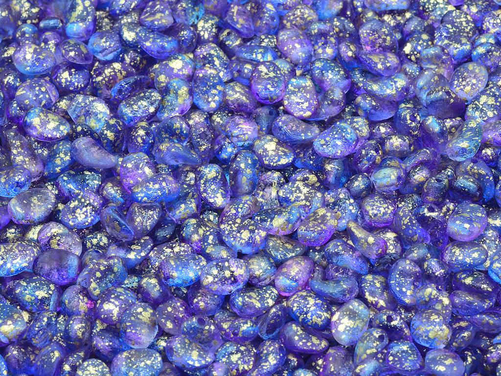 Tulpenblütenperlen, Kristallgeätzter Blau-Violett-Gold-Spritzer (00030-ETCH-48002-94401), Glas, Tschechische Republik