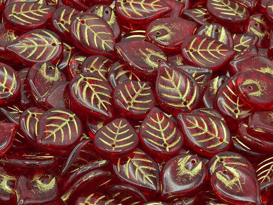 Apple Leaf Beads, Ruby Red Gold Lined (90080-54202), Glass, Czech Republic