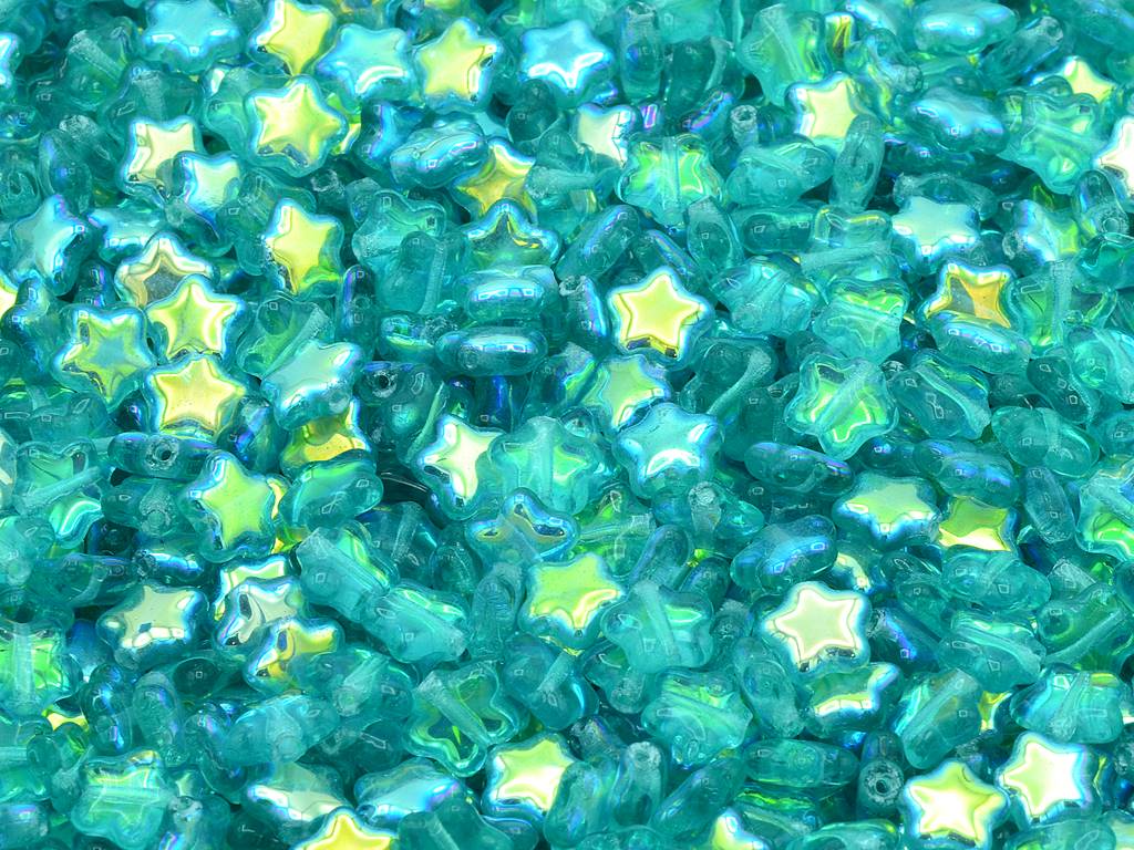 Flat Star Beads, Transparent Aqua Ab (60210-28701), Glass, Czech Republic