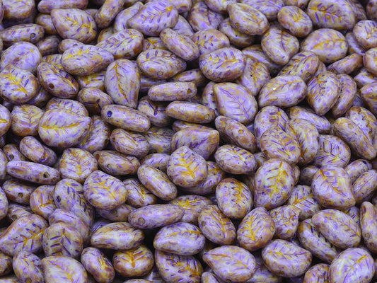 Nice Leaf Beads, Chalk White Travertin Puprple (03000-65328), Glass, Czech Republic