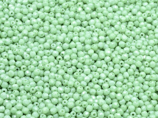 多面圆形火抛光珠，粉笔白光泽绿色全涂层（03000-14457），玻璃，捷克共和国