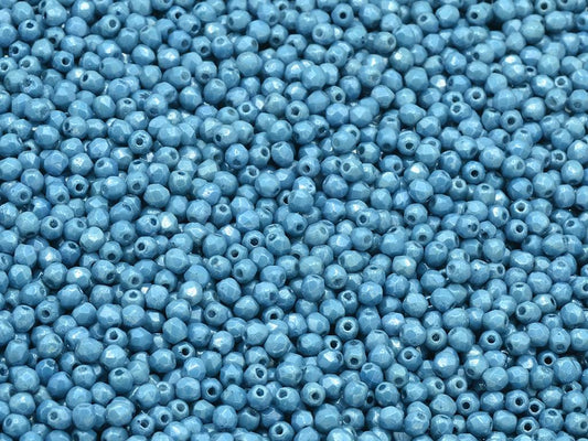 多面圆形火抛光珠，粉笔白光泽蓝色全涂层（03000-14464），玻璃，捷克共和国