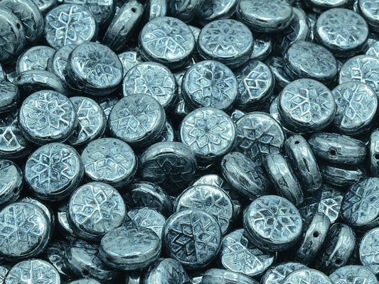 スノーフレークラウンドビーズ、ブラックヘマタイト（23980-14400）、ガラス、チェコ共和国