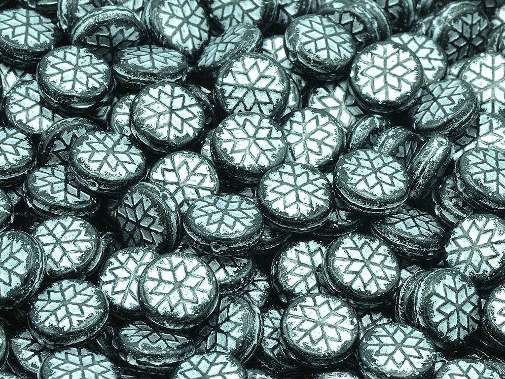 Snowflake Round Beads, Black Silver Lined (23980-54201), Glass, Czech Republic