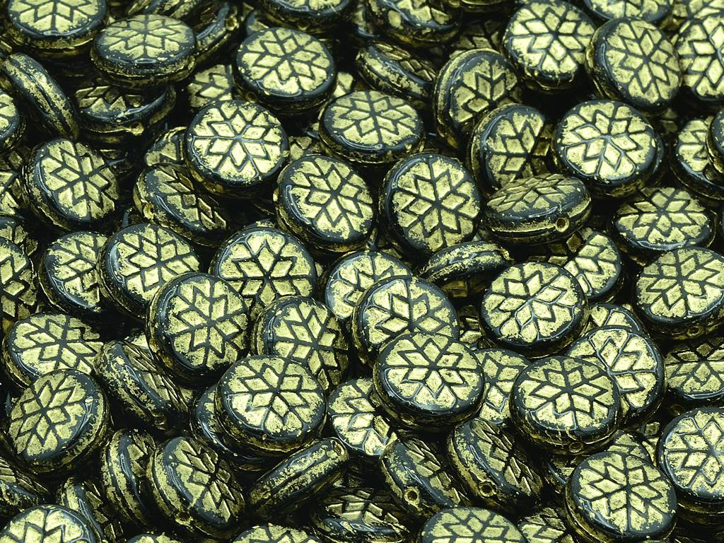 スノーフレークラウンドビーズ、ブラックゴールドライン（23980-54202）、ガラス、チェコ共和国