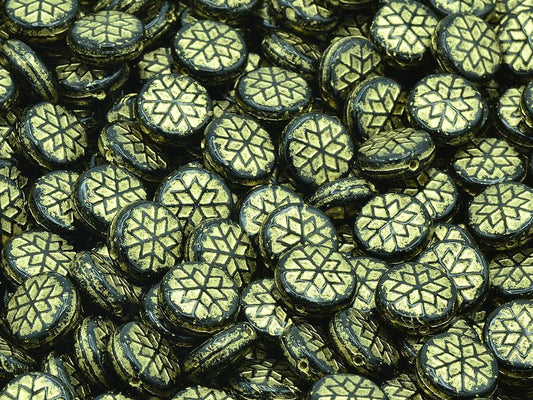 スノーフレークラウンドビーズ、ブラックゴールドライン（23980-54202）、ガラス、チェコ共和国