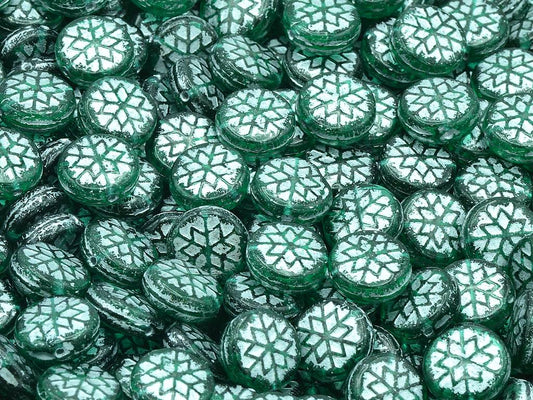 Snowflake Round Beads, Transparent Green Emerald Silver Lined (50720-54201), Glass, Czech Republic