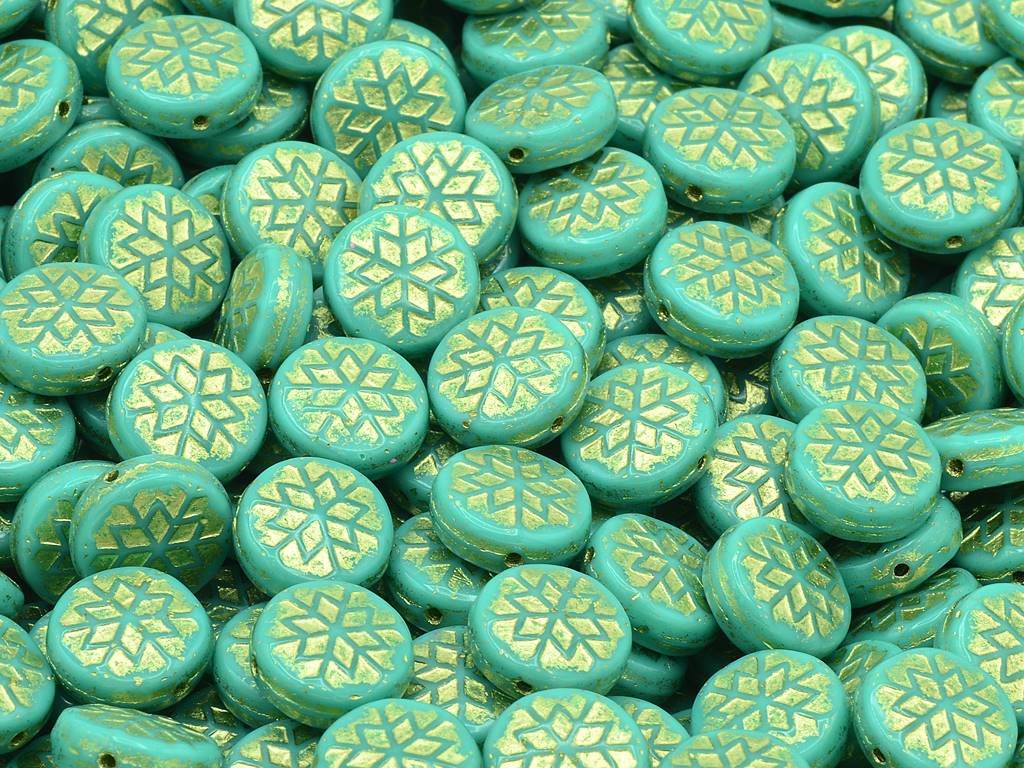 Snowflake Round Beads, Turquoise Gold Lined (63130-54202), Glass, Czech Republic