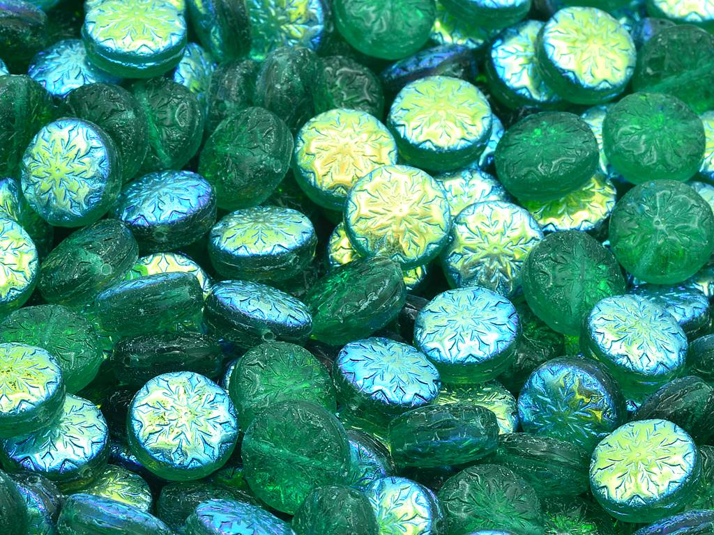 雪の結晶デザインのビーズ2、透明グリーンエメラルドAB（50720-28701）、ガラス、チェコ共和国