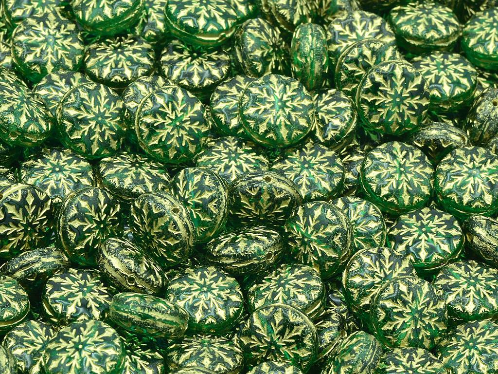 Beads With Snowflake Design 2, Transparent Green Emerald Gold Lined (50720-54202), Glass, Czech Republic
