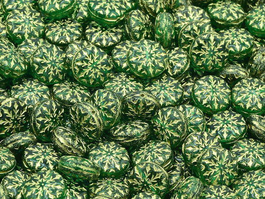 Beads With Snowflake Design 2, Transparent Green Emerald Gold Lined (50720-54202), Glass, Czech Republic