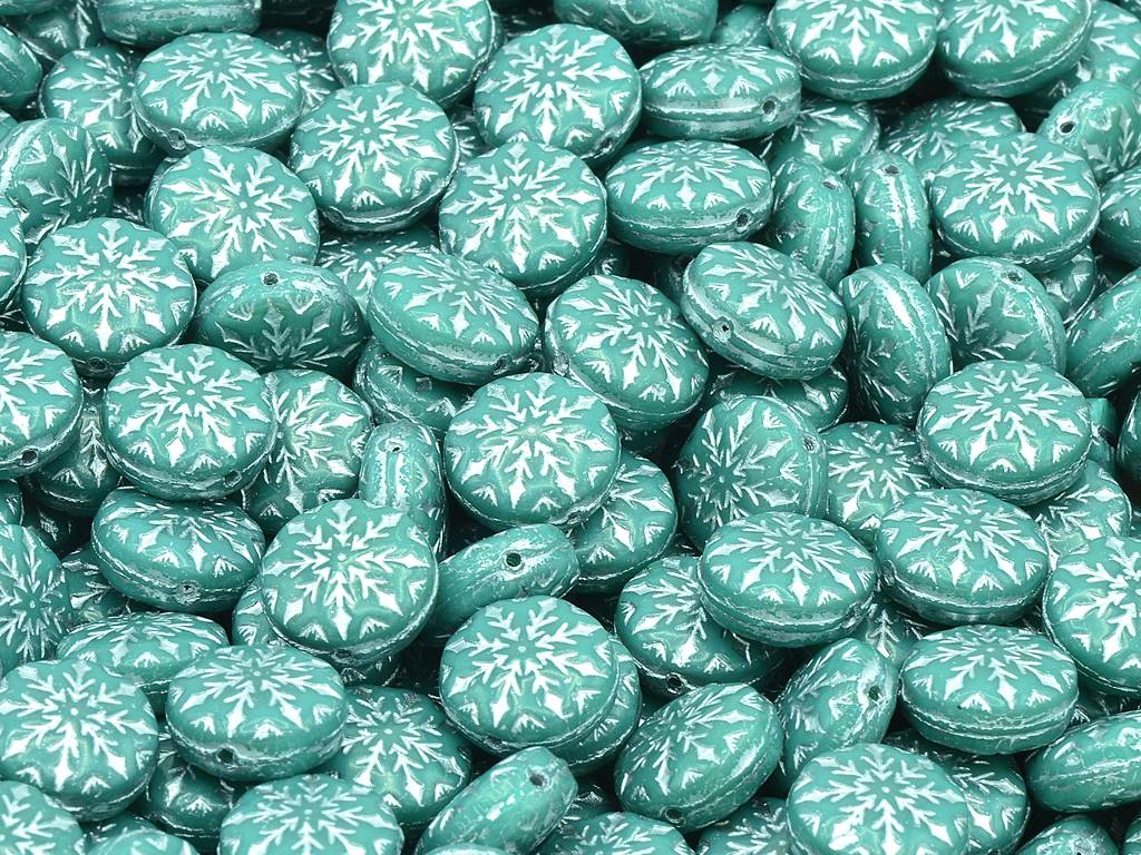 スノーフレークデザインビーズ2、ターコイズシルバーライン（63130-54201）、ガラス、チェコ共和国