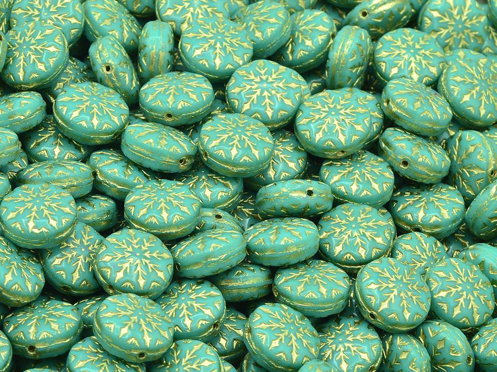 Beads With Snowflake Design 2, Turquoise Gold Lined (63130-54202), Glass, Czech Republic