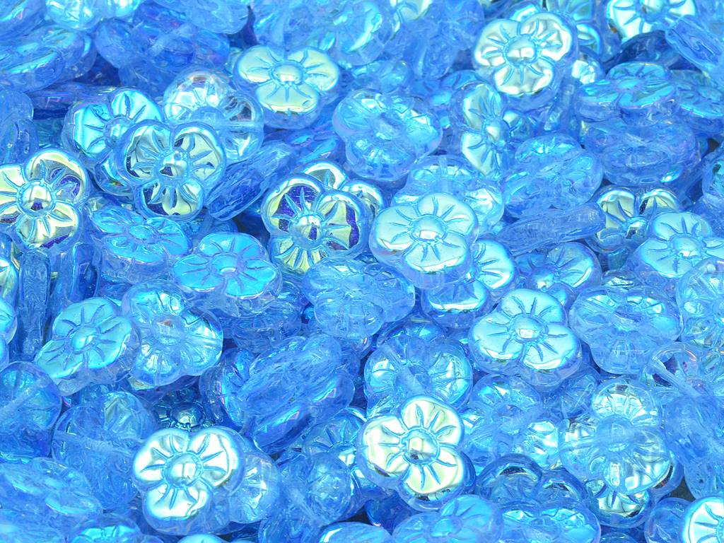 アウトレット 10グラム 3枚の花びらフラワーフラットビーズ、13 x 13 mm、透明ブルーAb（30010-28701）、ガラス、チェコ共和国