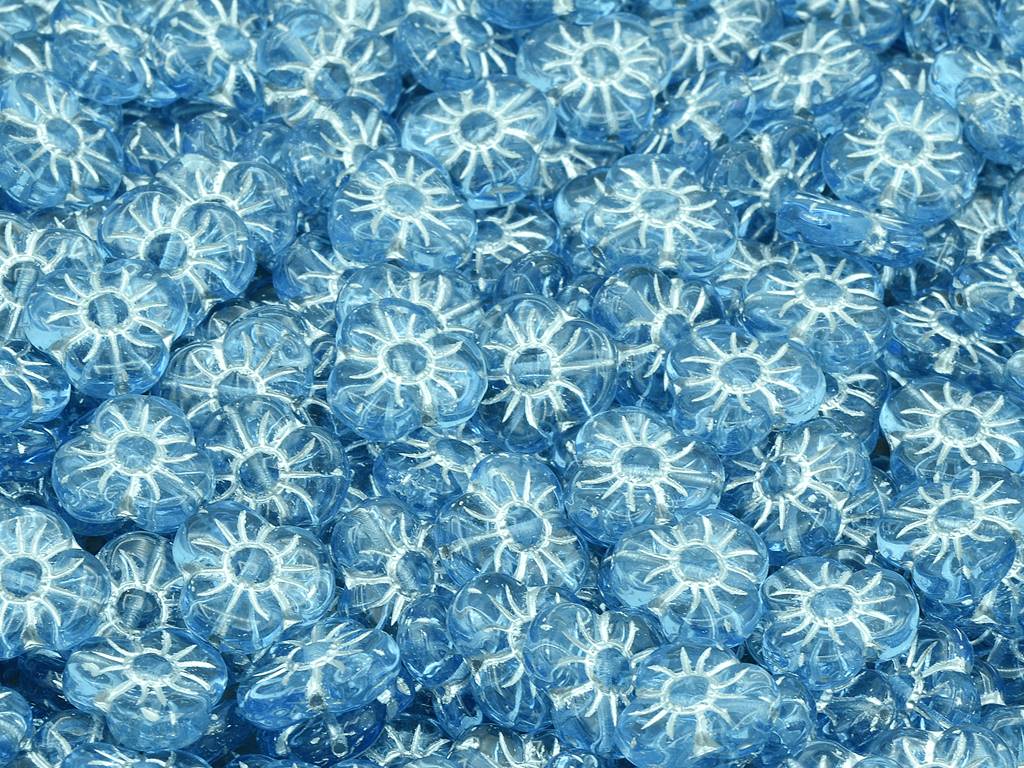 3-Petal Flower Flat Beads, Transparent Blue Silver Lined (30010-54201), Glass, Czech Republic
