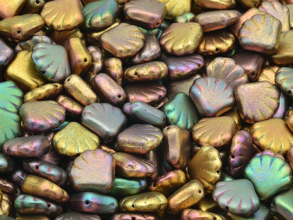 Pressed Beads Shell, Violet Rainbow Metallic Iris (01640), Glass, Czech Republic