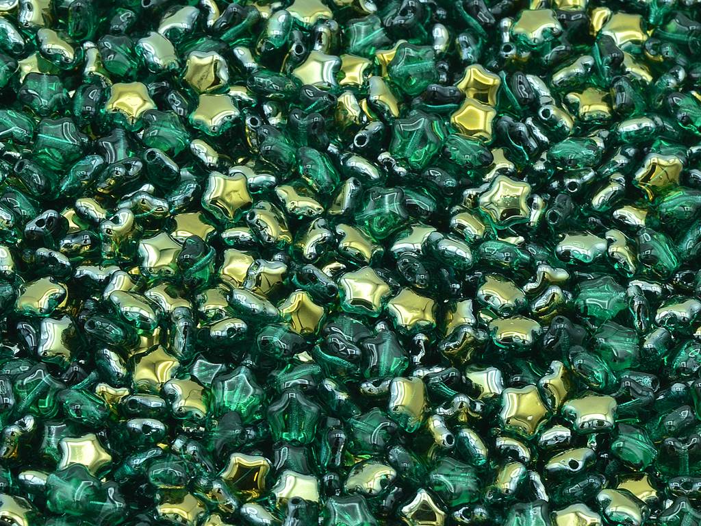 Flat Star Beads, Transparent Green Emerald Crystal Bronze Capri (50720-22601), Glass, Czech Republic