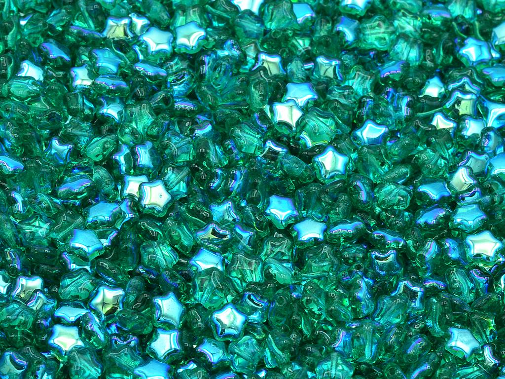 Flat Star Beads, Transparent Green Emerald Ab (50720-28701), Glass, Czech Republic