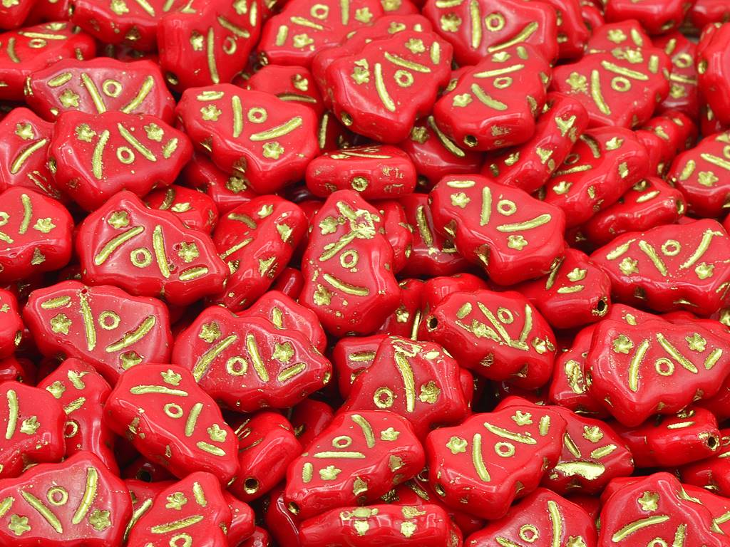 Christmas Tree Beads, Opaque Red Gold Lined (93200-54202), Glass, Czech Republic